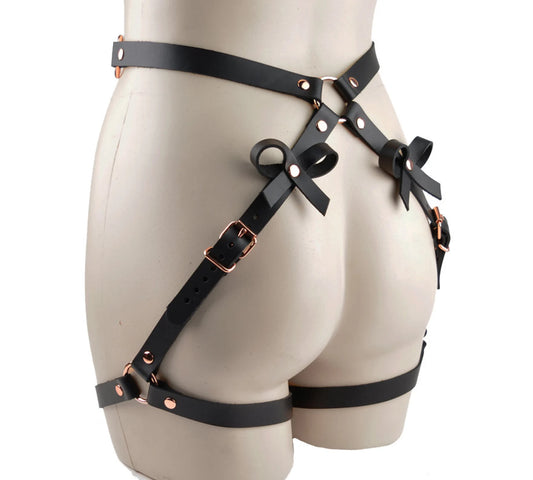 Leather Bow Booty Harness Black & Rose Gold