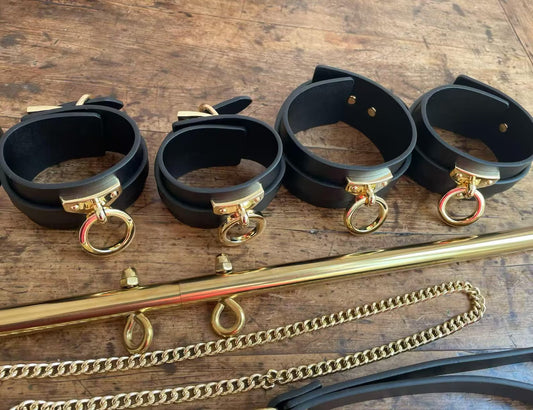 BDSM Leather Restraint Set with Collar Leash, Wrist & Ankle Cuffs, Bondage Spreader Bar