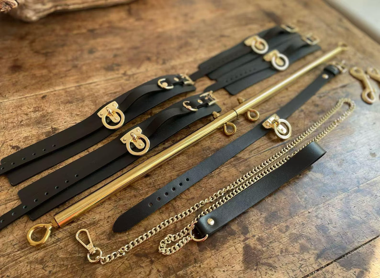 BDSM Leather Restraint Set with Collar Leash, Wrist & Ankle Cuffs, Bondage Spreader Bar