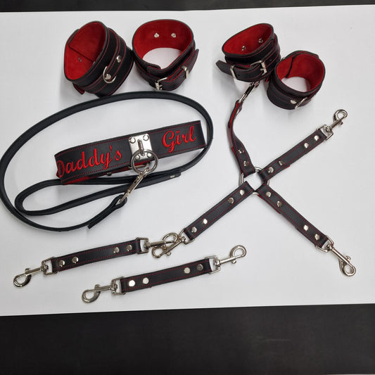 BDSM set in black leather and suede linning, custom text on choker