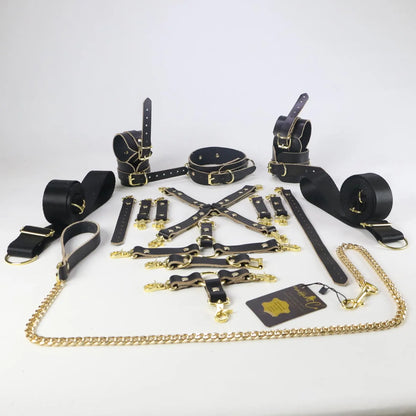 Bondage Set 24 pcs Leather BDSM Restraints Waist Belt, Thigh Cuffs Hand,Ankle Cuffs, Connector Equipment, Bed Bondage Set