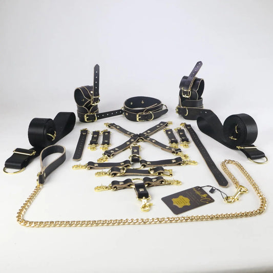 Bondage Set 24 pcs Leather BDSM Restraints Waist Belt, Thigh Cuffs Hand,Ankle Cuffs, Connector Equipment, Bed Bondage Set