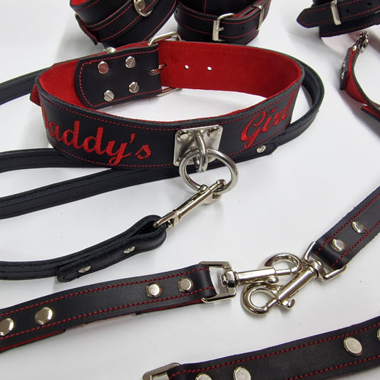BDSM set in black leather and suede linning, custom text on choker